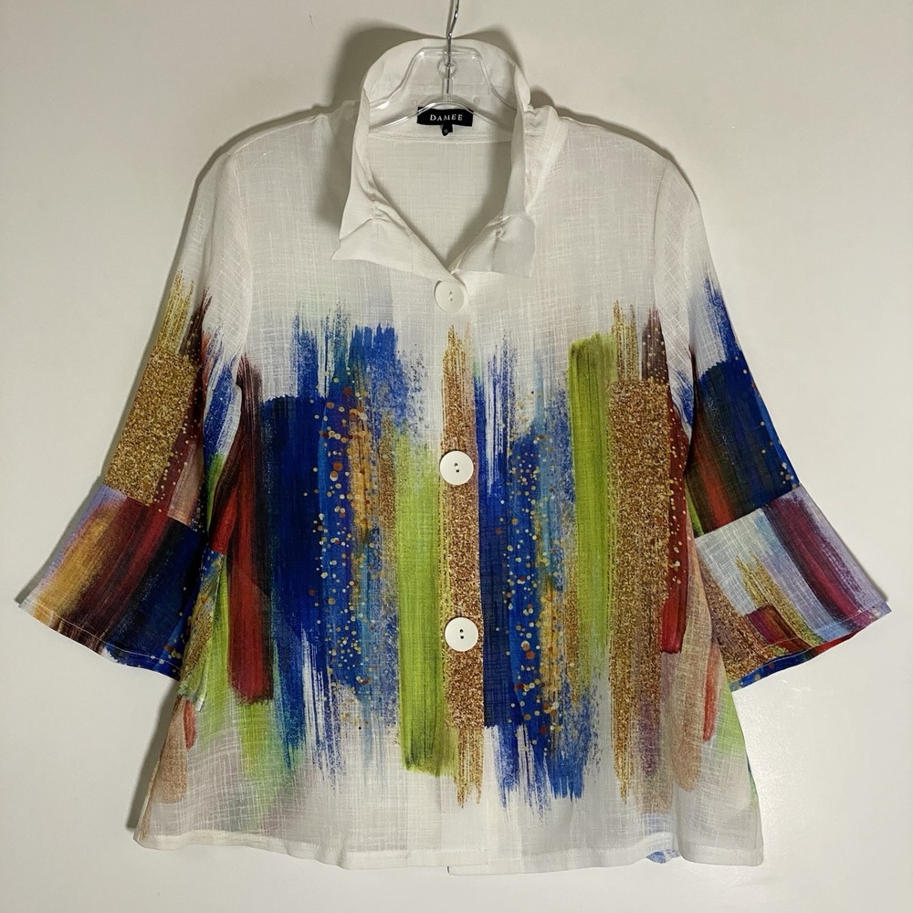 Damee Jacket Womens Small Multi Watercolor Classic Art To Wear Lagenlook Kimono
